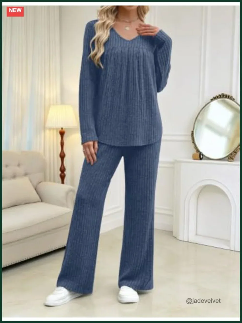 Women's 2 Piece Sweater Lounge Set V-Neck Wide Leg Pants